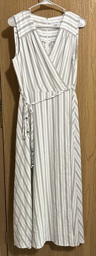 CALVIN KLEIN Women White Grey Striped FauxWrap Striped A-Line Maxi Dress Size 12