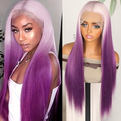 Ice Pink Ombre Purple Long Straight Hair Lace Front Wig 13x4 Pre Plucked Natural