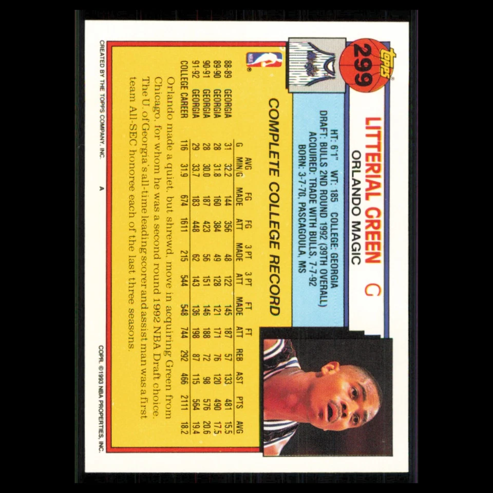 Litterial Green Rookie #299 1992 Topps Orlando Magic Basketball Card NBA NM - Image 2 of 3