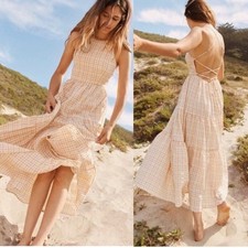 Christy Dawn Delphine Midi Tiered Sun Dress in Snapdragon Gingham Pink Tan XS