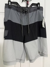 NWT George Mens At The Knee Swim Trunks Grey Striped S 28-30 size small