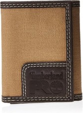 Timberland PRO Mens Canvas Leather RFID Trifold Wallet Zippered Pocket Khaki