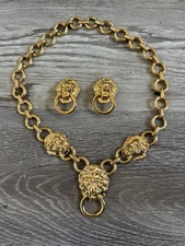 VINTAGE Kenneth Jay Lane Designer Lion Head Door Knocker Necklace And Earrings 