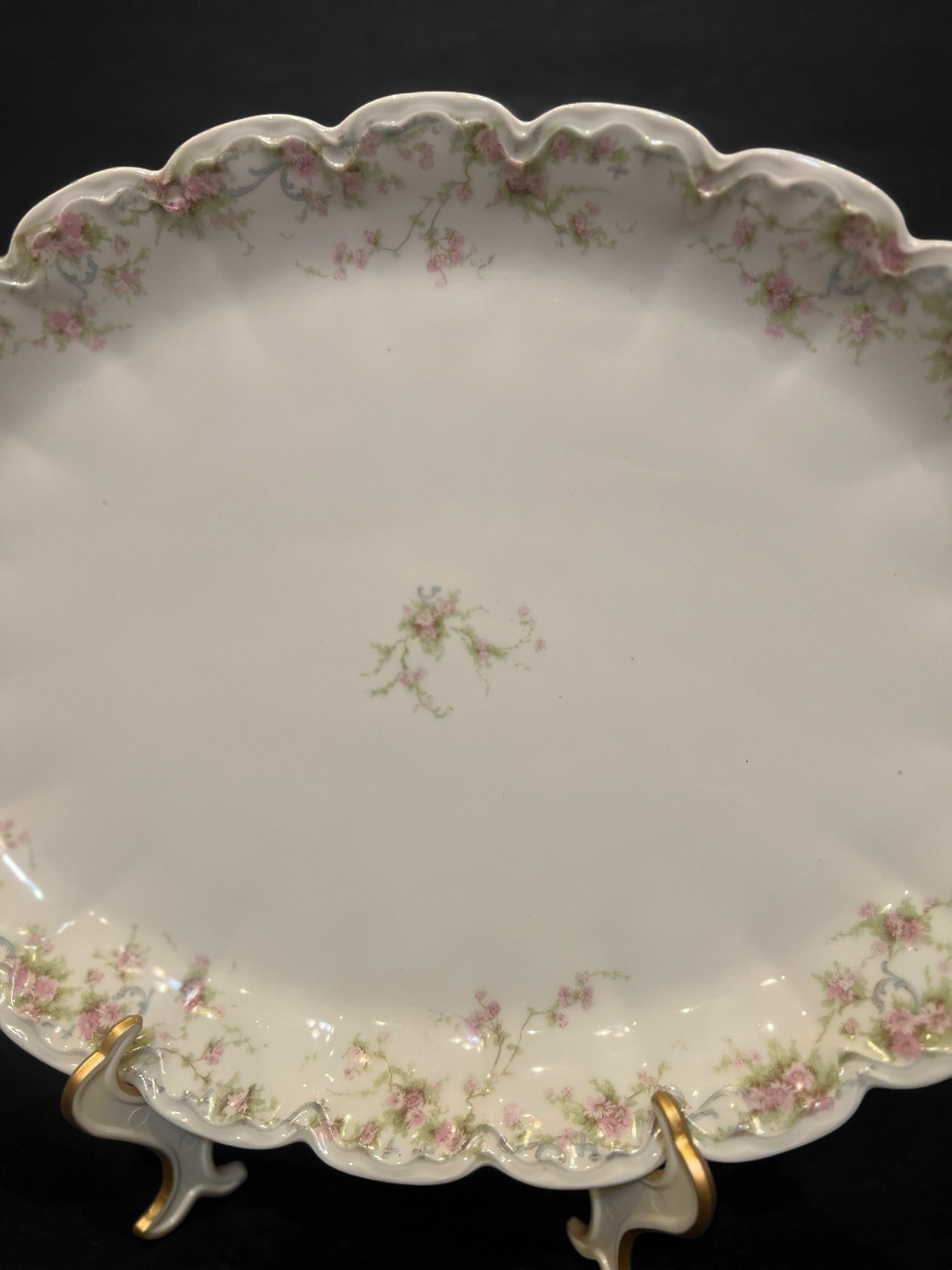 1905 Circa Theodore Haviland Limoges Oval Platter Pink Roses Gold Gilt 16.5x11"