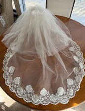 Vintage 1974 Ivory Lace Mantilla Wedding Veil 36" Floral Edge Bridal Chapel