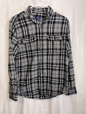 George Flannel Button-Up Shirt Men S 34/36 Black Gray Long Sleeve Plaid Cotton