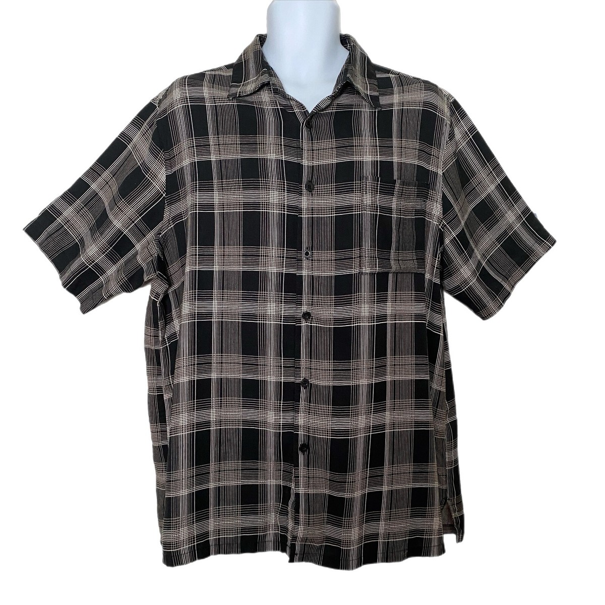 【CPGN STUDIO】Silkett Bio Garments Short Sleeve Vintage Silk Brand Circa 1969 Silk Black & White Plaid Short