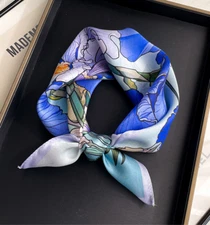 100% Mulberry Silk 20" Square Scarf Women Neckerchief Wrap purple flowers Print