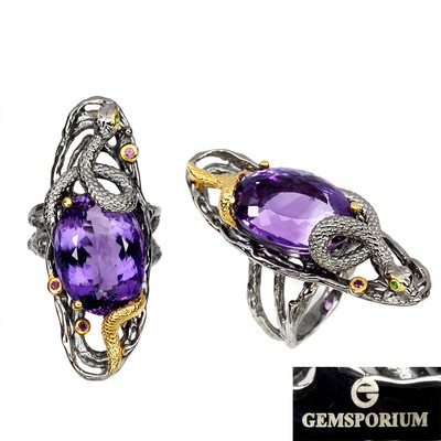 925 Sterling Silver Ring Handmade 21ct Amethyst Rhodolite Tsavorite Gemstone