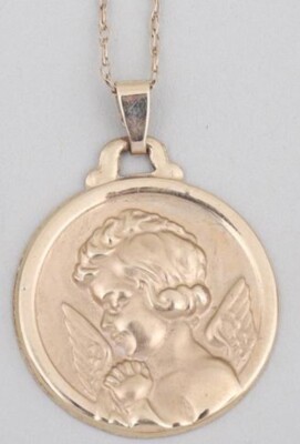 Vintage 10k Gold betender Cherub Engel Putti Anhänger JCM Jacmel Mauritus Halskette