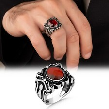 Solid 925 Sterling Silver Red Garnet Stone Men's Ring All Size