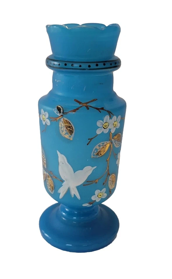 Vidrio azul suave soplado y pintado a mano de 6,5 pulgadas antiguo o de colección Posiblemente Bristol Foto 4 de 4