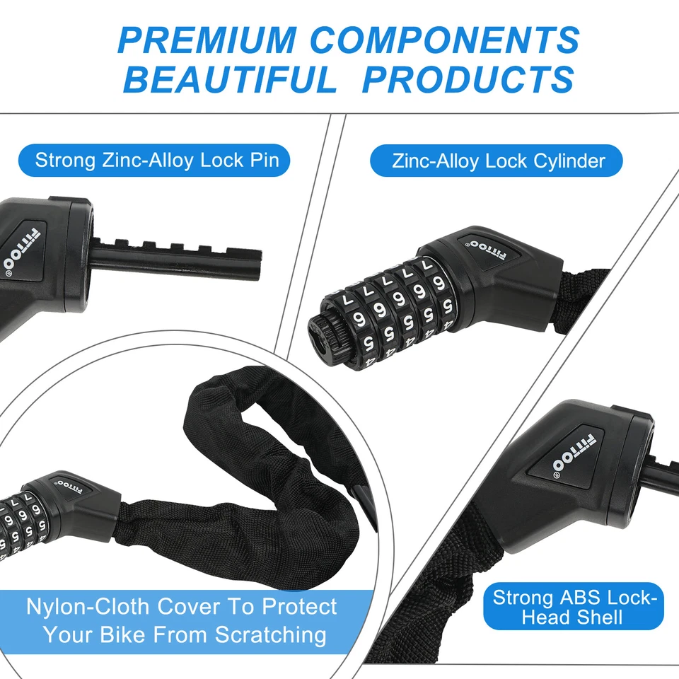 FITTOO Bike Bicycle Motorcycle Chain  Lock Heavy Duty 5-Digit  Resettable 1M - image 4 of 4