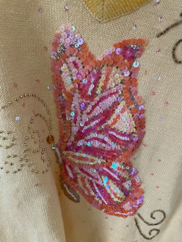 The Quacker Factory Yellow Butterfly V-Neck Sweater Women Med Sequins Beads QVC - Picture 3 of 9