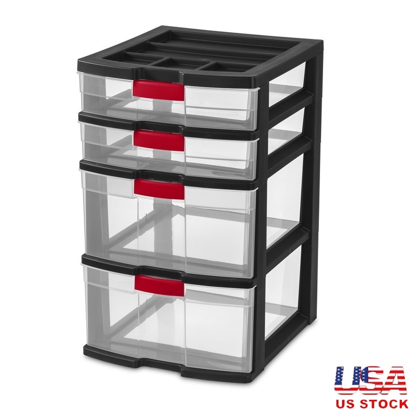 4-Drawer Locking Plastic Storage Tower with Clear Divided Drawers