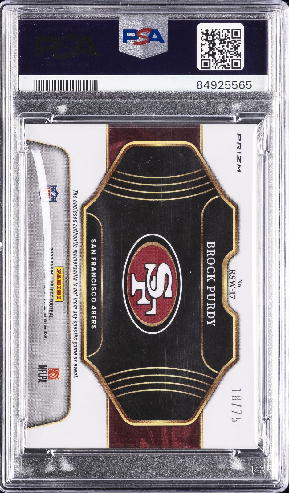 2022 PANINI SELECT ROOKIE SWATCHES WHITE PRIZM #RSW17 BROCK PURDY 18/75 PSA 10 view 2
