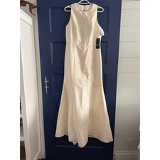 Alfred Sung Formal Evening Gown Champagne Silk Blend Bow Back Fishtail Size 10