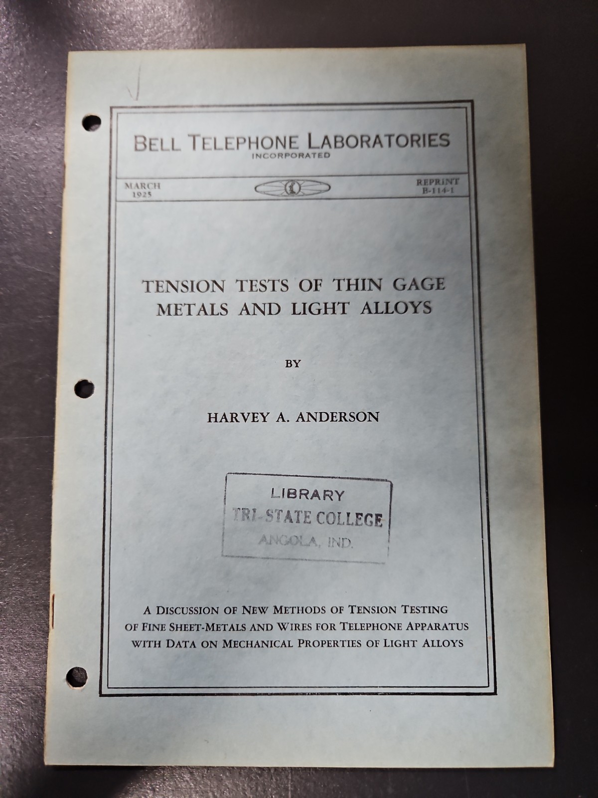 1925 Bell Labs Reprint B-114-1 Tension Tests Thin Metals Harvey A. Anderson RARE