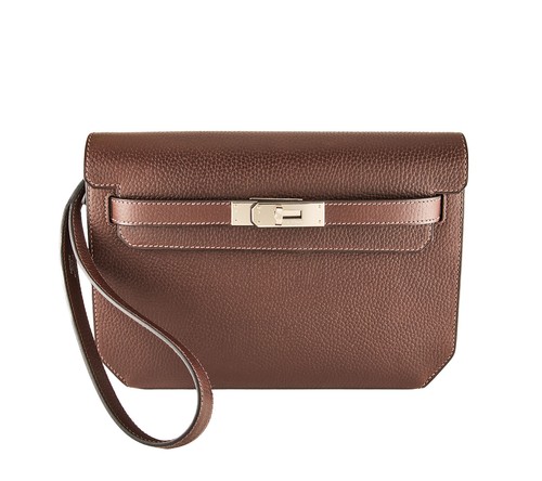 Hermès Kelly Dépêches 25 Brown Leather Pouch Ebene Bag with Box & Dust Bag