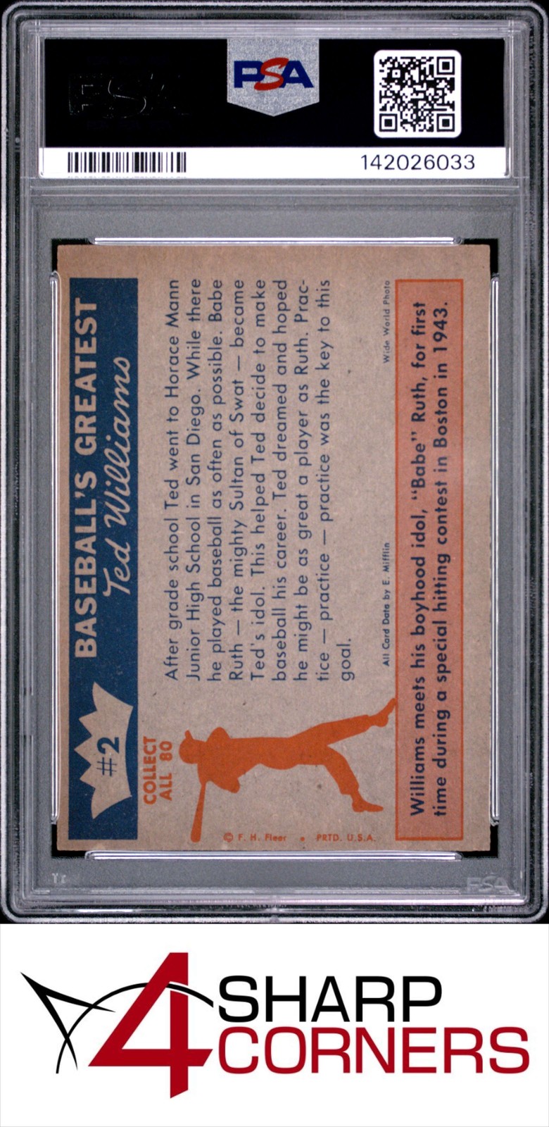 1959 FLEER TED WILLIAMS #2 TED'S IDOL BABE RUTH PSA 4 (MC) view 2