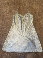 VTG M Enchanting Lingerie Satin Short Embroidered Night Gown Slip Dress Lt Blue