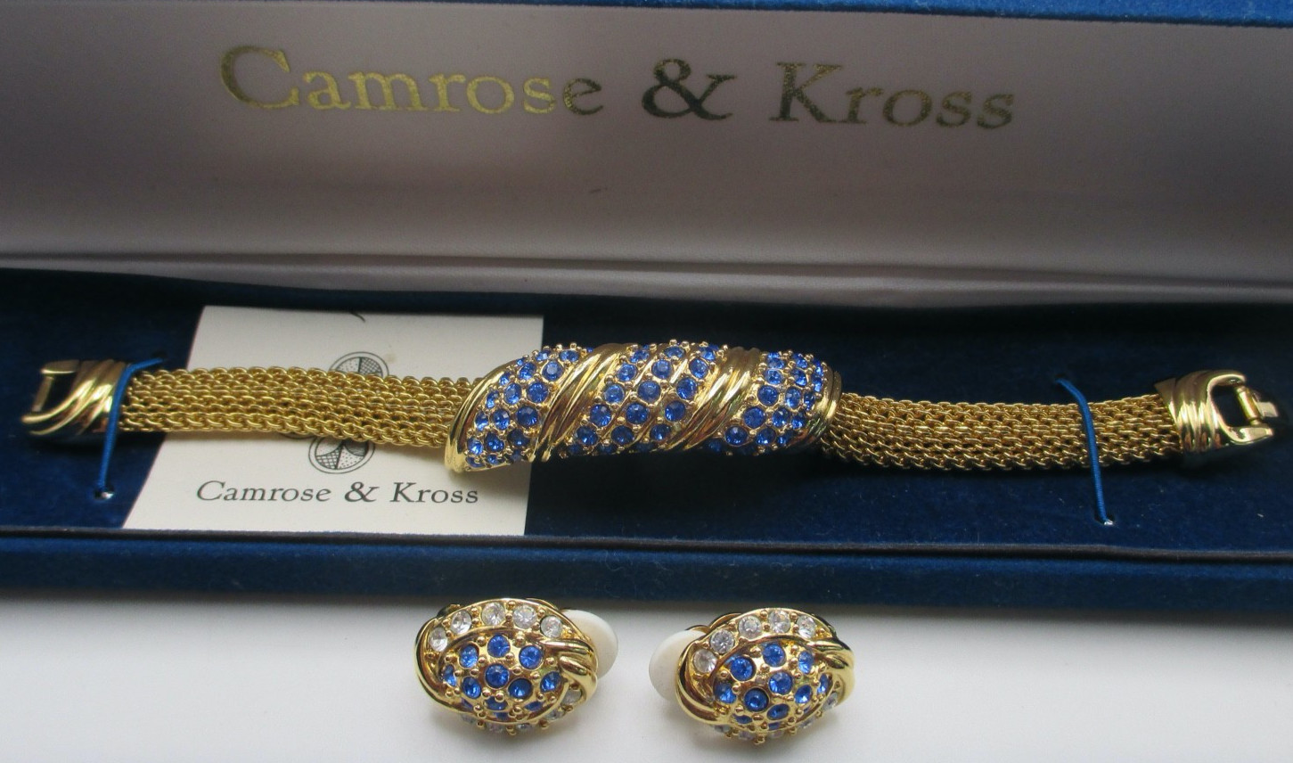 VTG Camrose & Kross JBK Blue Rhinestone Mesh Bracelet w/Matching Earrings NIB