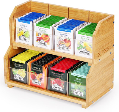 Tea Bag Organizer, 2 Layer Stackable Bamboo Tea Box Organizer Storage Box, Wo...