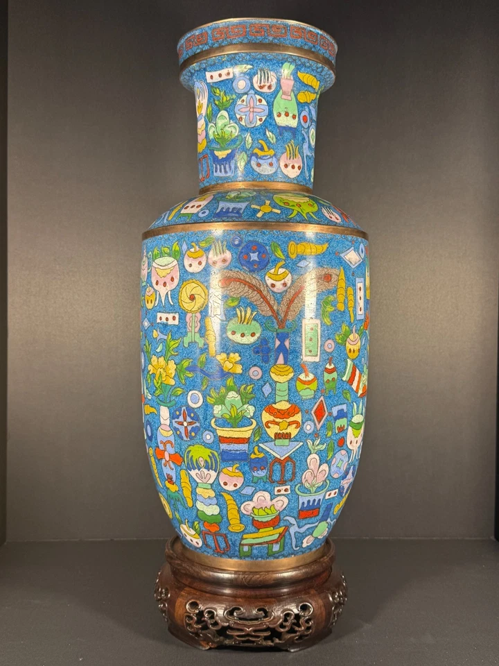 Chinese Cloisonné Vase 18.5” Signed, Mid-Century Contemporary Style w/ Stand - Image 4 of 4