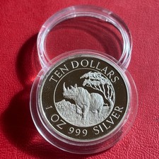 10 Dollar Zimbabwe 1996 Pf  Big Five " Rhino "  1 0z.  Silver  Only 5.000 Ex