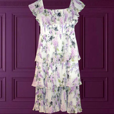 QUIZ SZE 10 WHITE LILAC WISTERIA MIDI FRILL DRESS LADIES DAY XMAS PARTY OCCASION