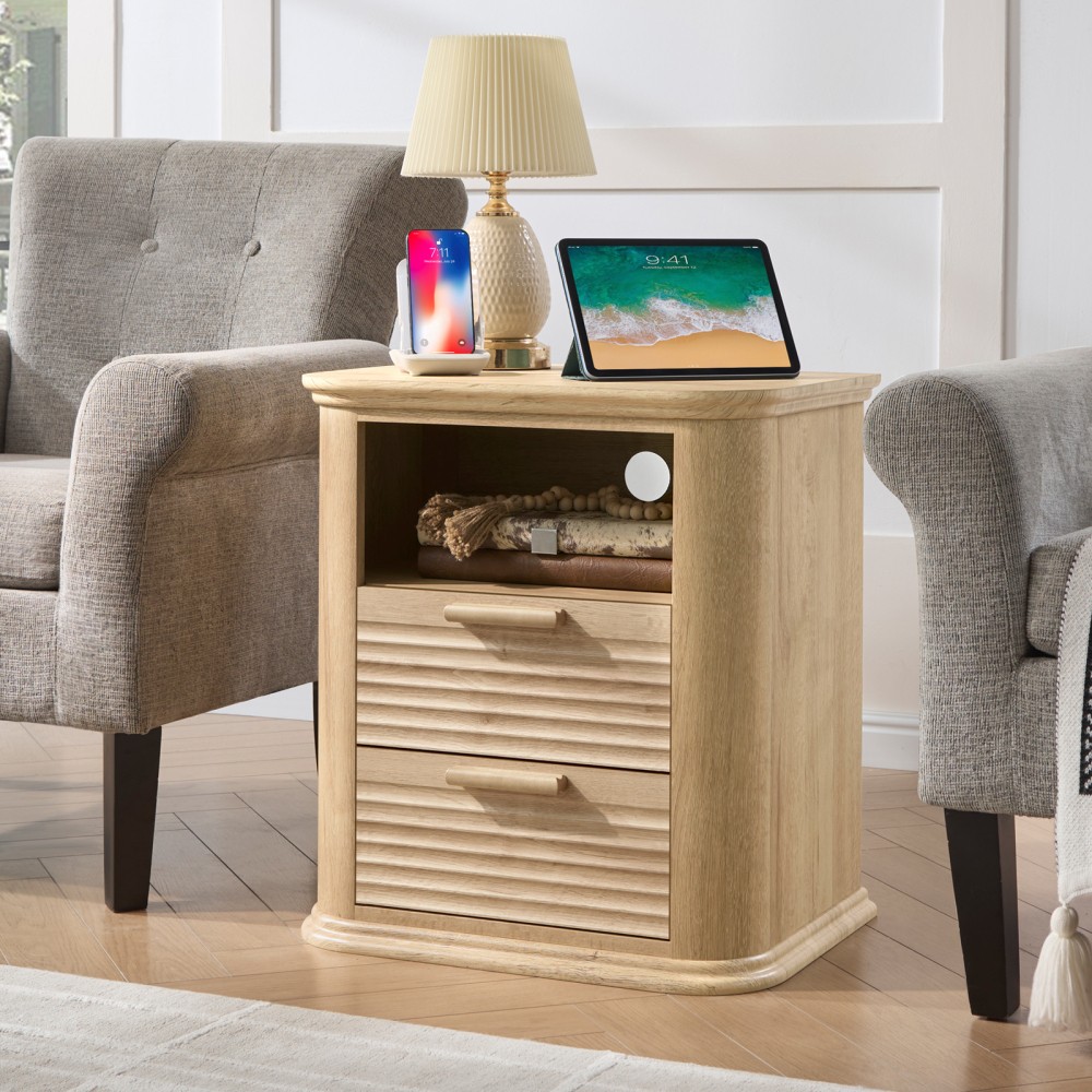 22" Fluted Night Stand with Charging Station Modern End Table