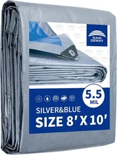 8 x 10 ft Waterproof Tarp 5.5 Mil Poly Cover with Metal Grommets Silver/Blue