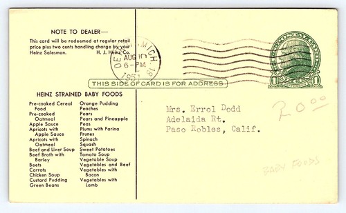 1951 Advertising Postcard Coupon Heinz Strained Baby Food Buy 3 Get 1 Posted C29 - Picture 3 of 4