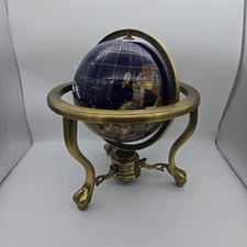 Globe Blue Ocean Gold Tone 3- leg table stand Gem MOP Gemstone World MAP 