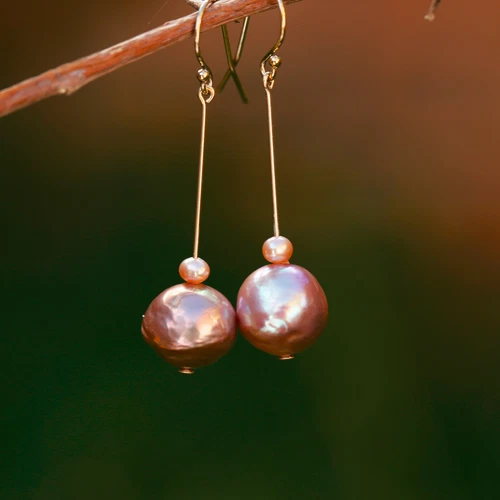 E210 Baroque 11-12mm pearl Natural amazing Gold-Purple 14KGF earring AAAALUSTER  - Picture 4 of 12