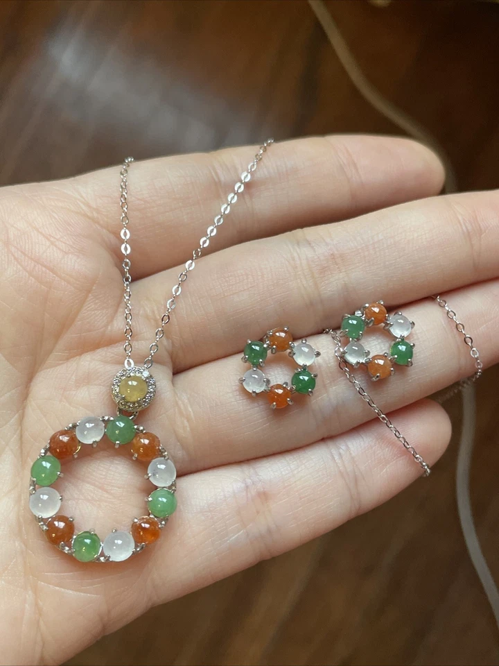Juego de pendientes y colgantes de plata de ley S925 grado A jadeíta - 糖果花環有種有色一套 Foto 2 de 4