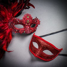 RED Venetian Women Feather Party Mask Masquerade  Phantom Men Eye Mask Couple