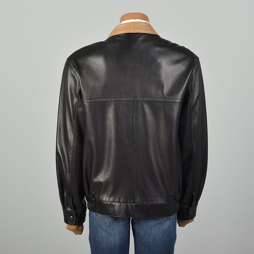 Large North Beach Leather Black Bomber Jacket Moto Collar Cafe Racer Luxury Mens - Picture 4 of 10