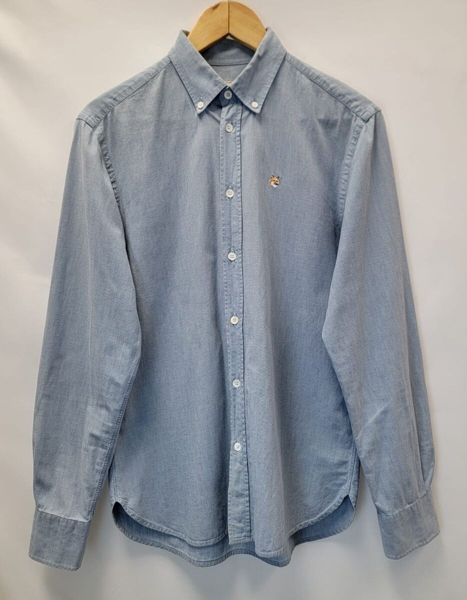 シャツ MAISON KITSUNE Men Long Tops OM00432WC5043P470 Blue Maison kitsune Fox Head Shirt Long Sleeve Button Down Blue
