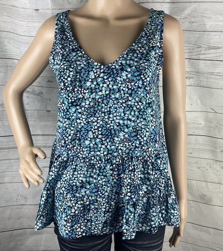 Camicetta senza maniche Ann Taylor LOFT piccola blu stampa floreale volant 100% rayon top - Foto 1 di 12