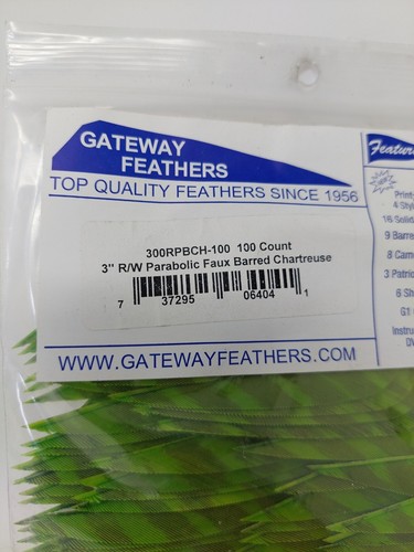 100 Pack Gateway Feathers 3" Right Wing: Parabolic Faux Barred Chartreuse - Picture 2 of 3
