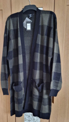 City Chic @ Evans khaki Longline Karo Cardigan Überwurf - neu mit Etikett - Größe 20 (L)