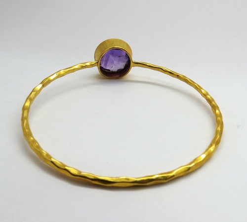 22K Gold Cuff Bangle Natural Gemstones Hammered  68mm Round Bangle Bracelet - Picture 20 of 37