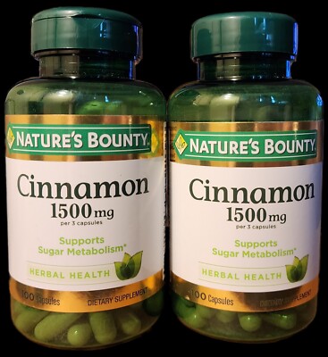 TWO Nature's Bounty Cinnamon 1500mg Sugar Metabolism 100 Capsules EXP 11/25 New