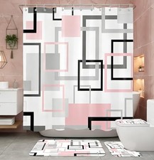 4 Pcs Modern Geometric Bathroom Set with Shower Curtain and Rugs, Grey Pink