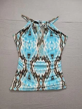 INC International Concepts Women Blouse Top S Blue Brown White Ikat Halter Neck