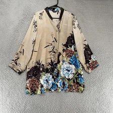 Citron Santa Monica Tunic Womens 2XL Beige Floral Mandarin Collar Art to Wear