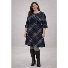 Abito donna blu a quadri maglia tubino maniche a campana XL twill morbido boho ufficio sirena