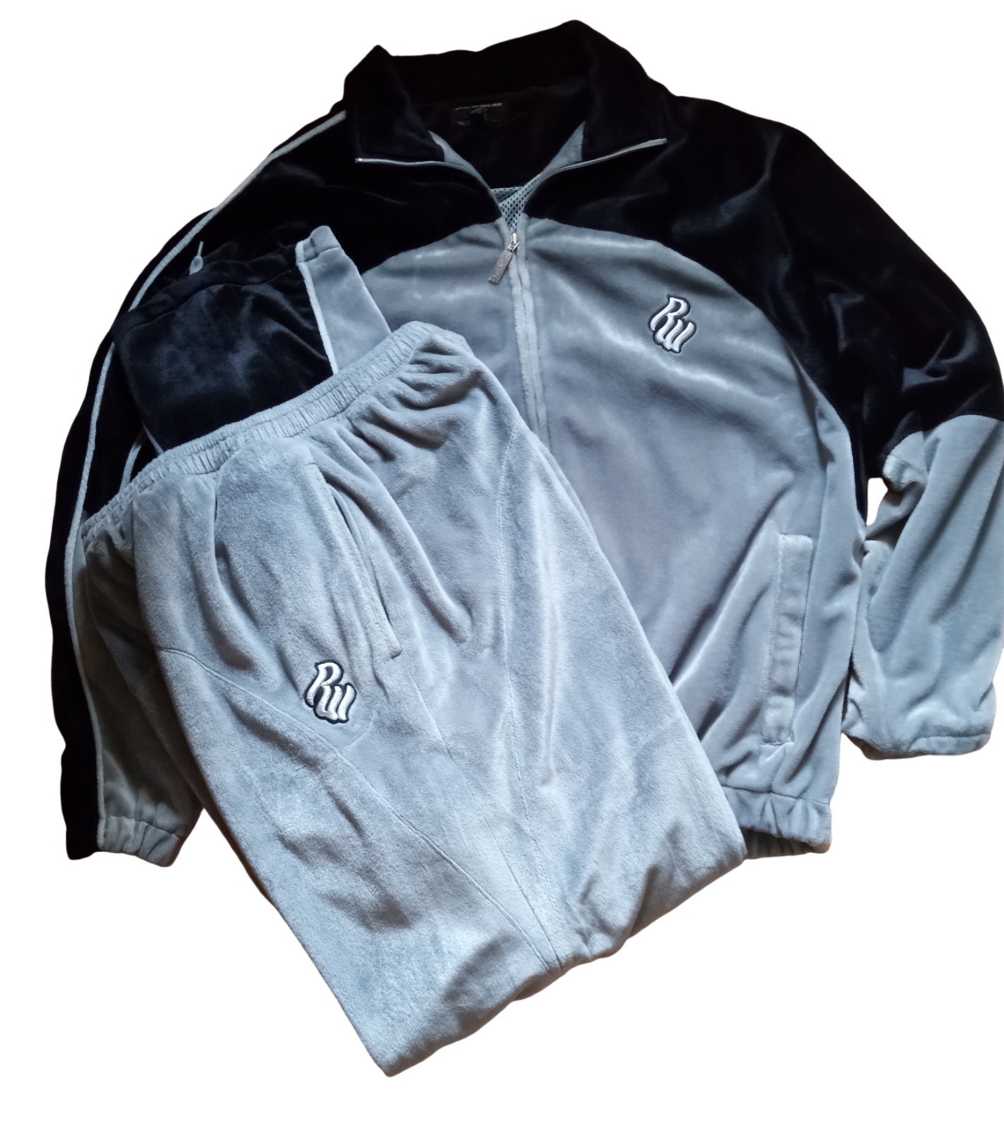 Rocawear Velour Tracksuit 2pc Jacket Pants Zip Logo Pockets Gray/Black L