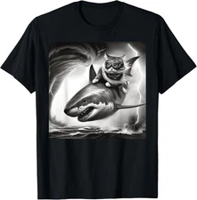 Funny Cat Riding a Shark in Tornado Meme T-Shirt Gift for Dad, Mom, Daughter, Co
